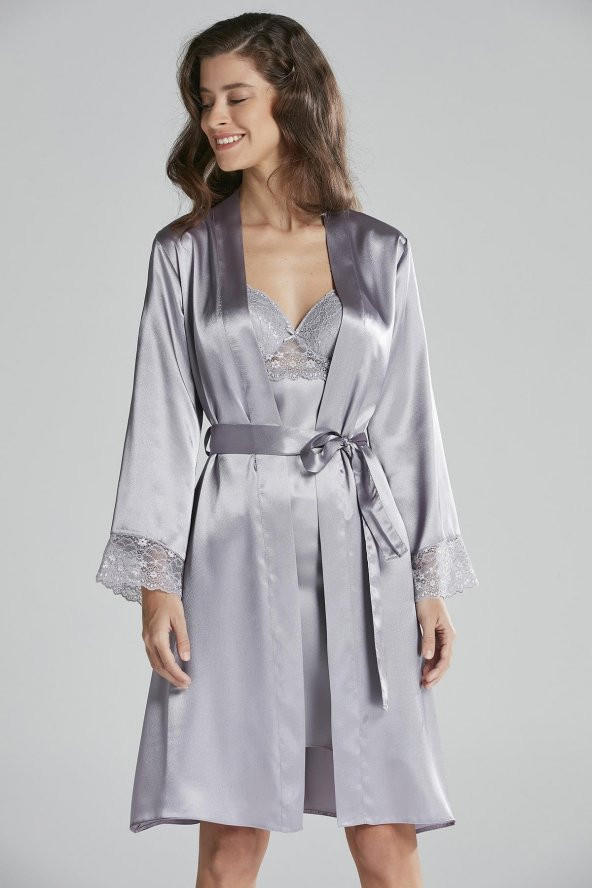 Saten Dantelli Gecelik & Sabahlık Takım - Resim 2