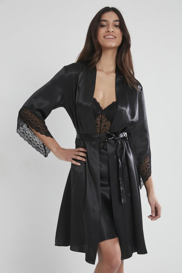 Saten Dantelli Gecelik & Sabahlık Takım - Resim 3