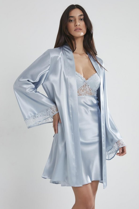 Saten Dantelli Gecelik & Sabahlık Takım - Resim 2