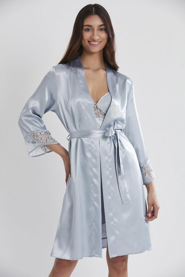 Saten Dantelli Gecelik & Sabahlık Takım - Resim 4