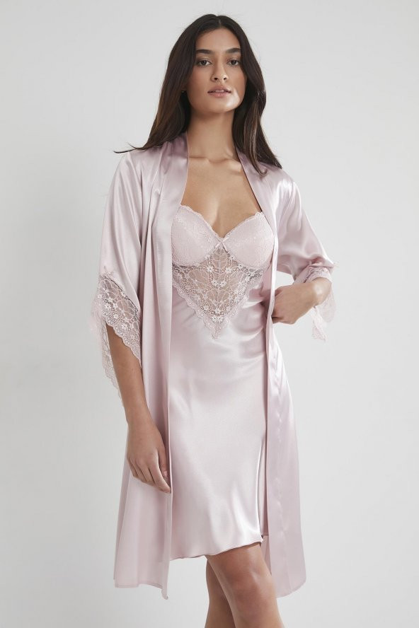 Saten Dantelli Gecelik & Sabahlık Takım - Resim 2