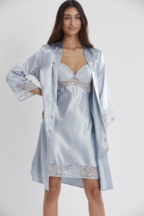 Saten Dantelli Gecelik & Sabahlık Takım - Resim 2