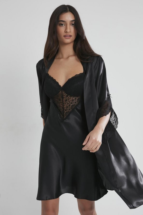 Saten Dantelli Gecelik & Sabahlık Takım - Resim 2