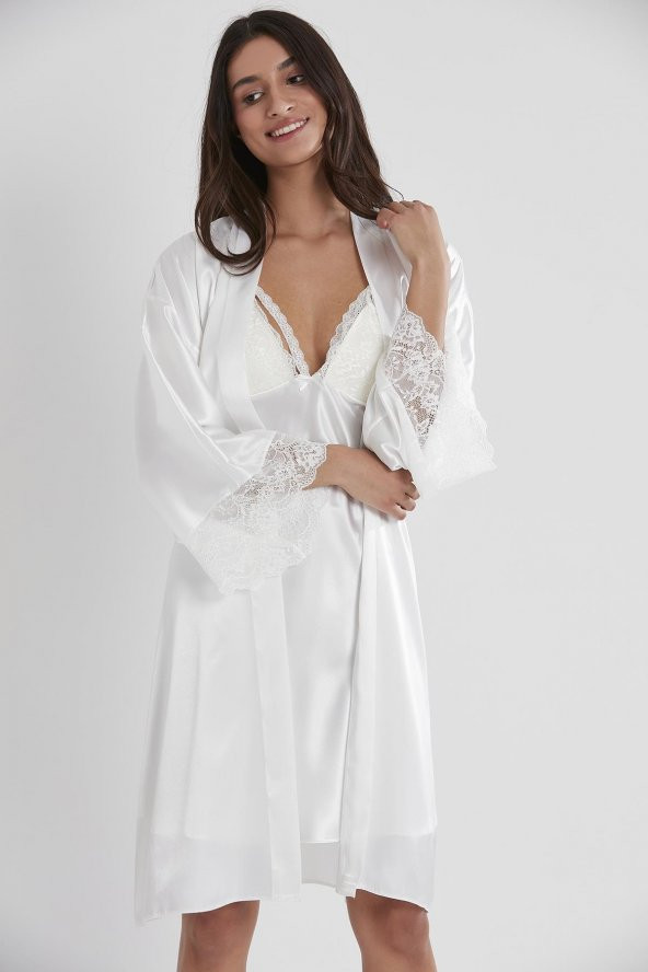 Saten Dantelli Gecelik & Sabahlık Takım - Resim 2