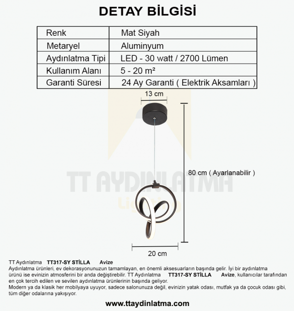 TT317-SY TT Aydınlatma Stilla Modeli Mat Siyah Led Avize - 4