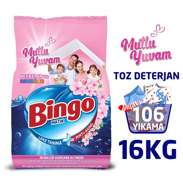 Bingo Matik 8 kg Mutlu Yuvam Renkliler ve Beyazlar Toz Çamaşır Deterjanı Ekonomi Paketi 2'li