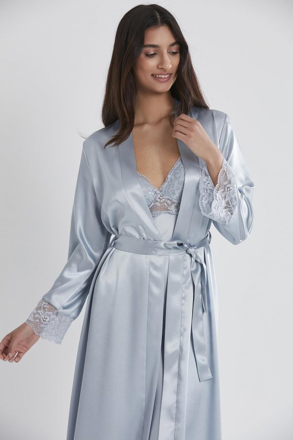 Saten Dantelli Gecelik & Sabahlık Takım - Resim 4