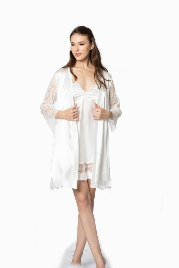 Saten Dantelli Gecelik & Sabahlık Takım - Resim 2