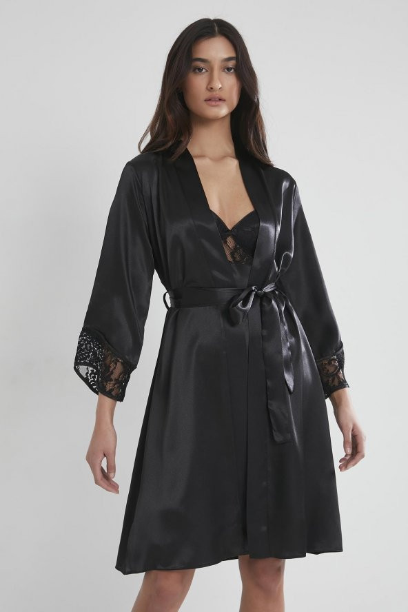 Saten Dantelli Gecelik & Sabahlık Takım - Resim 3