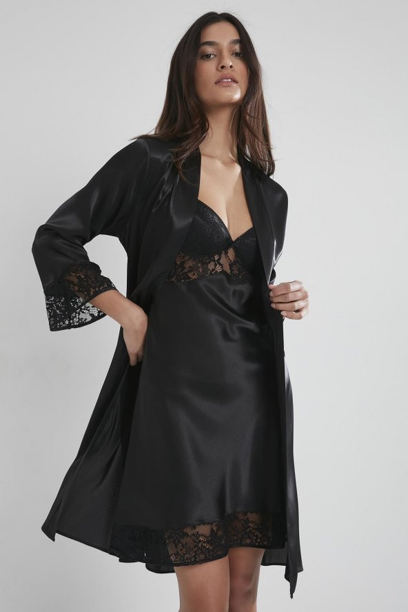 Saten Dantelli Gecelik & Sabahlık Takım - Resim 2