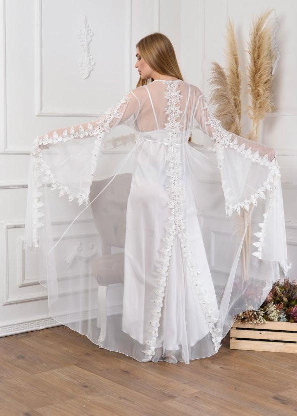 Kadın  Dantelli Uzun Sabahlık - Resim 3