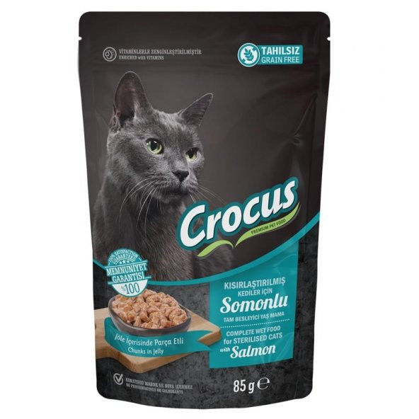 Crocus Tahılsız Kısırlaştırılmış Kedi Somonlu Pouch Jöleli Yaş Mama 85 Gr