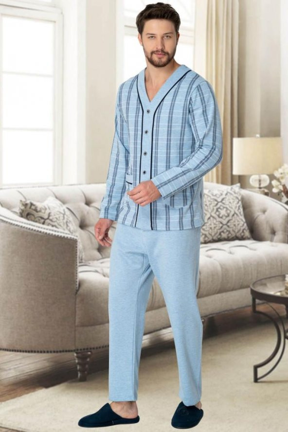 Mecit 2767 Mavi Önden Düğmeli Büyük Beden Erkek Pijama Takımı