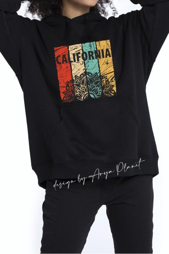 Arya Planet - Unisex California Baskılı Kapüşonlu Sweatshirt Siyah