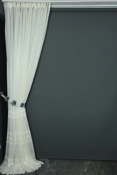 DANTEL MODEL KREM RENK TEK KANAT Hazır dikilmiş Pileli Fon Perde 300*260 cm - Resim 5