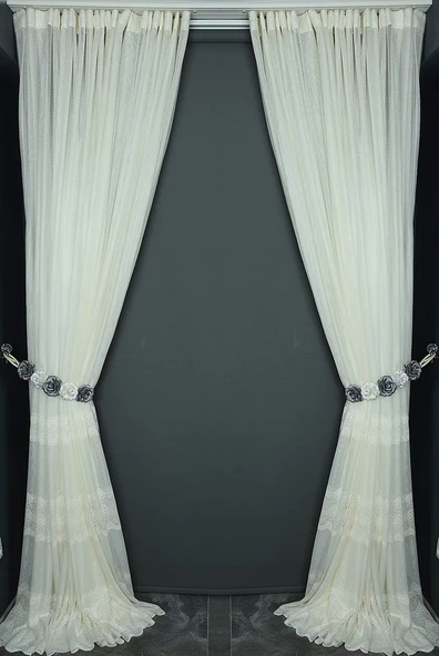 DANTEL MODEL KREM RENK TEK KANAT Hazır dikilmiş Pileli Fon Perde 300*260 cm - Resim 7