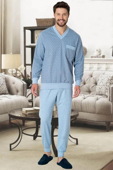 Mecit 2766 Erkek Mavi Büyük Beden Uzun Kollu Pijama Takımı - 2