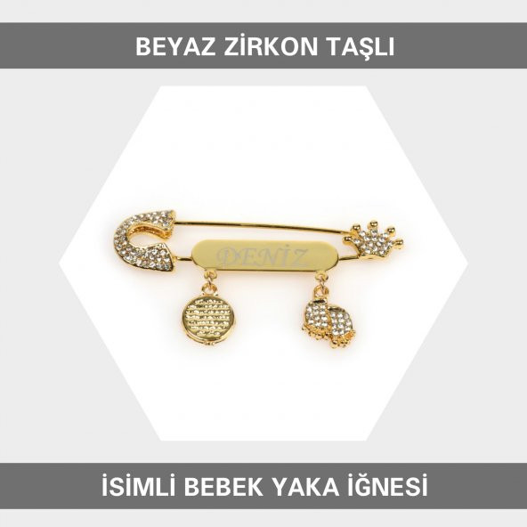Beyaz Kristal Taşlı Unisex İsimli Bebek Yaka İğnesi 49