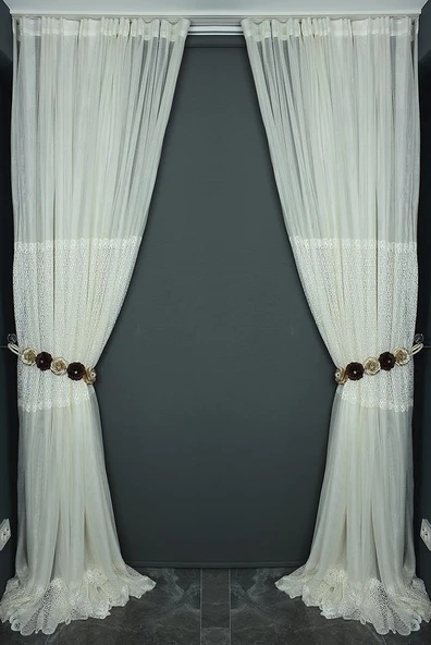 GÖBEKLİ DANTEL MODEL KREM RENK TEK KANAT Hazır dikilmiş Pileli Fon Perde 300*260 cm - Resim 6