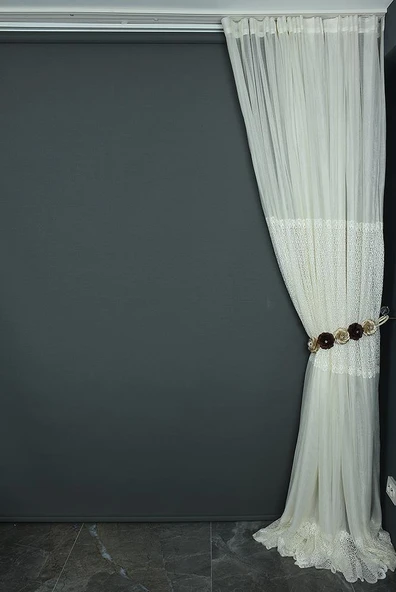 GÖBEKLİ DANTEL MODEL KREM RENK TEK KANAT Hazır dikilmiş Pileli Fon Perde 300*260 cm - Resim 5