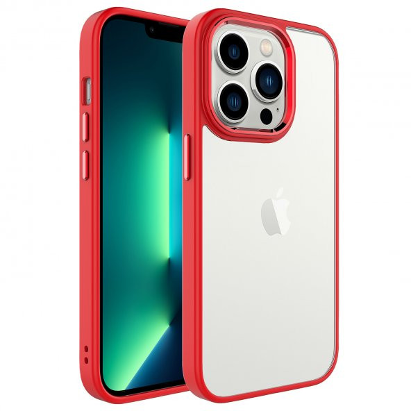 KNY Apple İphone 14 Pro Max Kılıf Silikon Kenarlı Renkli Sert Krom Kapak Kırmızı