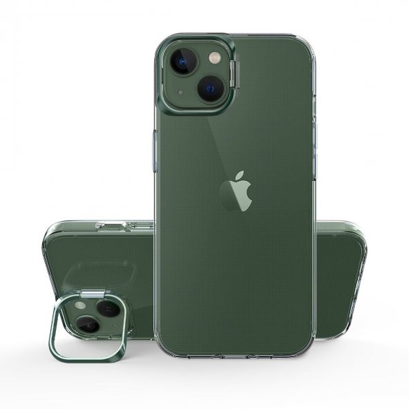 KNY Apple İphone 14 Kılıf Kamera Korumalı Standlı Şeffaf Skuba Kapak Yeşil