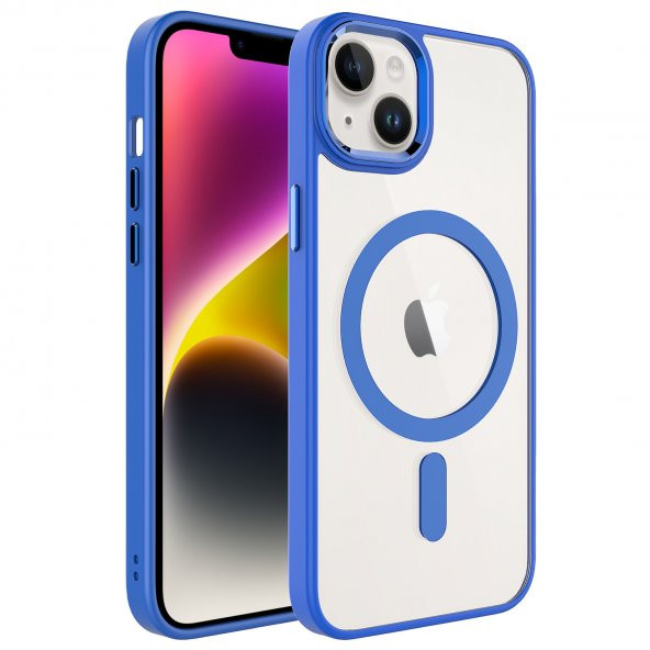 KNY Apple İphone 14 Plus Kılıf Silikon Kenarlı MagSafeli Kamera Korumalı Krom Kapak Mavi
