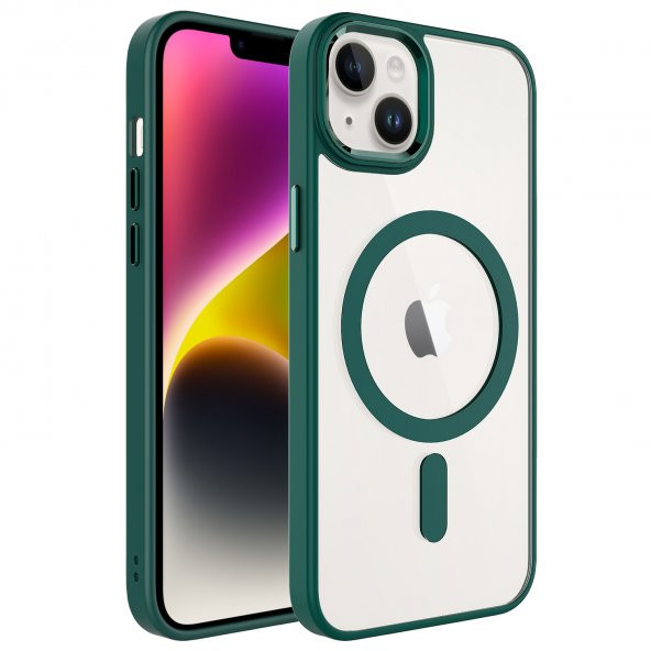 KNY Apple İphone 14 Plus Kılıf Silikon Kenarlı MagSafeli Kamera Korumalı Krom Kapak Yeşil
