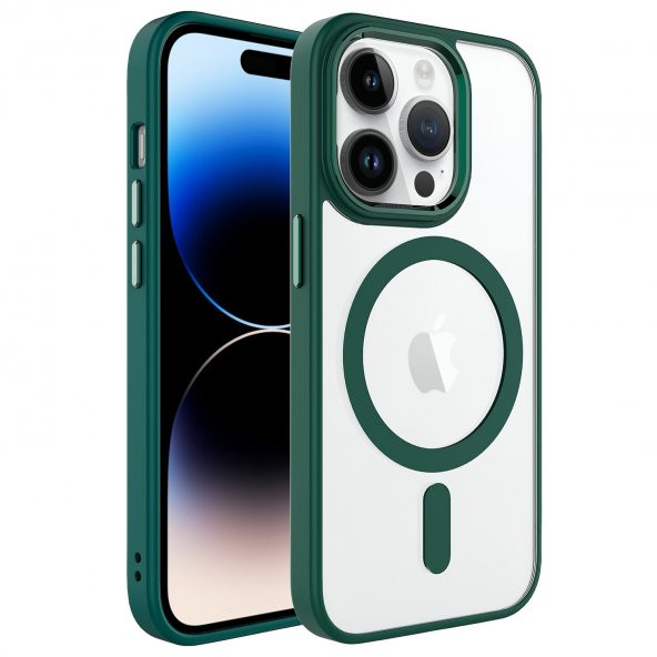 KNY Apple İphone 14 Pro Max Kılıf Silikon Kenarlı MagSafeli Kamera Korumalı Krom Kapak Yeşil