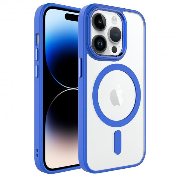 KNY Apple İphone 14 Pro Max Kılıf Silikon Kenarlı MagSafeli Kamera Korumalı Krom Kapak Mavi