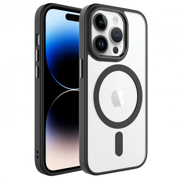 KNY Apple İphone 14 Pro Max Kılıf Silikon Kenarlı MagSafeli Kamera Korumalı Krom Kapak Siyah