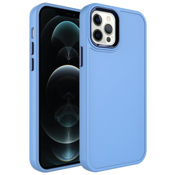 KNY Apple İphone 12 Pro Max Kılıf Metal Çerçeveli Mat Sert Botox Kapak Mavi