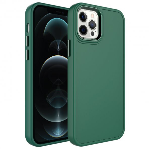 KNY Apple İphone 12 Pro Max Kılıf Metal Çerçeveli Mat Sert Botox Kapak Yeşil