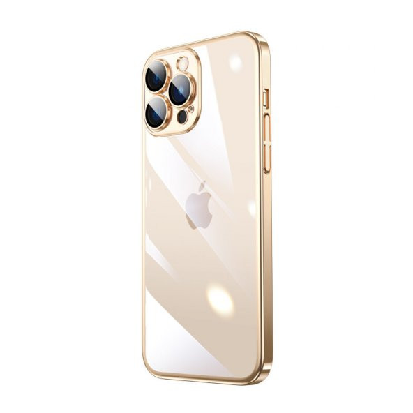 KNY Apple İphone 14 Pro Max Kılıf Renkli Kenarlı Sert Riksos Kapak Gold