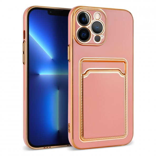 KNY Apple İphone 13 Pro Max Kılıf Kart Koymalı Parlak Bark Silikon Rose Gold