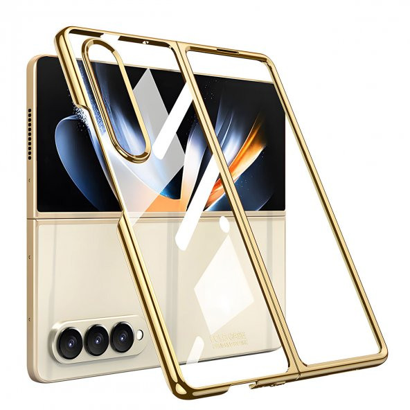 KNY Samsung Galaxy Z Fold 4 Kılıf Renkli Kenarlı Camlı Full Kıpta Kapak Gold