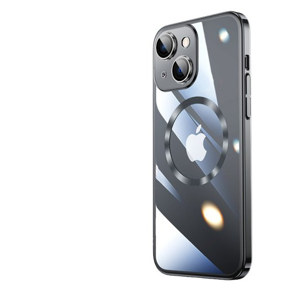 KNY Apple İphone 14 Kılıf Renkli Kenarlı Kamera Korumalı Magsafeli Riksos Kapak Siyah