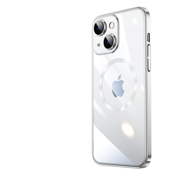 KNY Apple İphone 14 Kılıf Renkli Kenarlı Kamera Korumalı Magsafeli Riksos Kapak Gümüş