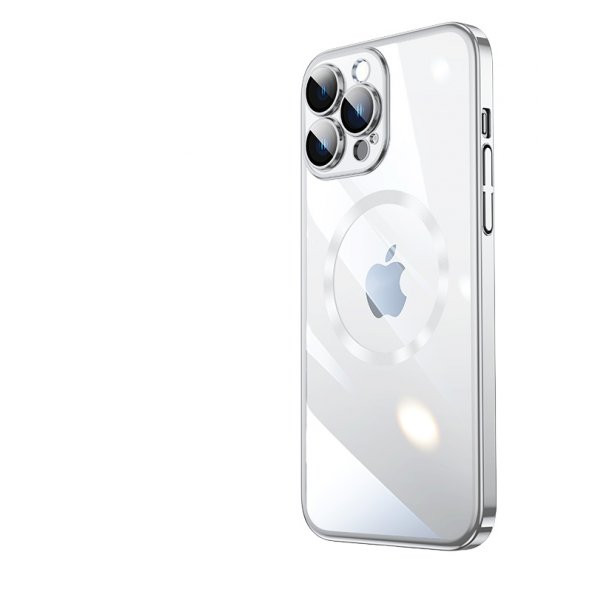 KNY Apple İphone 14 Pro Max Kılıf Renkli Kenarlı Kamera Korumalı Magsafeli Riksos Kapak Gümüş