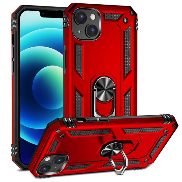 KNY Apple İphone 14 Plus Kılıf Ultra Korumalı Yüzüklü Manyetik Vega Kapak Kırmızı