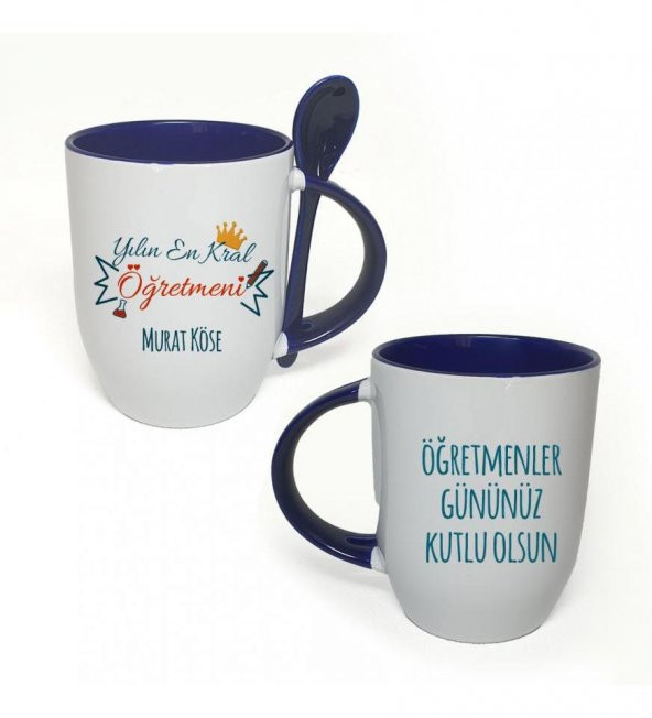 Kişiye Özel Öğretmenler Günü Baskılı İçi ve Kulbu Mavi, Kaşıklı Porselen Kupa Bardak HK2331 ürün görseli