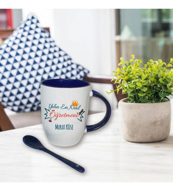 Kişiye Özel Öğretmenler Günü Baskılı İçi ve Kulbu Mavi, Kaşıklı Porselen Kupa Bardak HK2331 - Resim 2