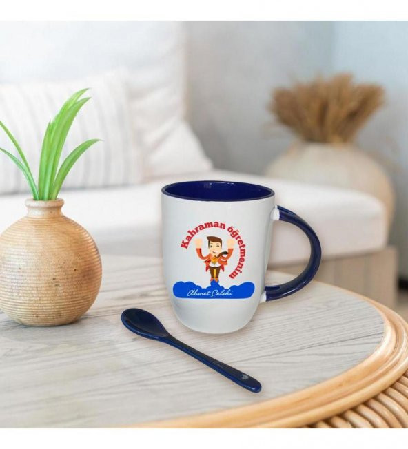 Kişiye Özel Öğretmenler Günü Baskılı İçi ve Kulbu Mavi, Kaşıklı Porselen Kupa Bardak HK2330 - 2