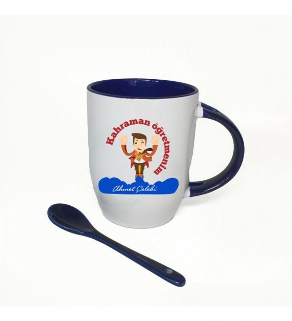 Kişiye Özel Öğretmenler Günü Baskılı İçi ve Kulbu Mavi, Kaşıklı Porselen Kupa Bardak HK2330 - 3