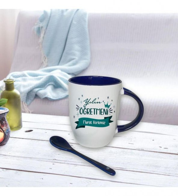 Kişiye Özel Öğretmenler Günü Baskılı İçi ve Kulbu Mavi, Kaşıklı Porselen Kupa Bardak HK2329 - 2