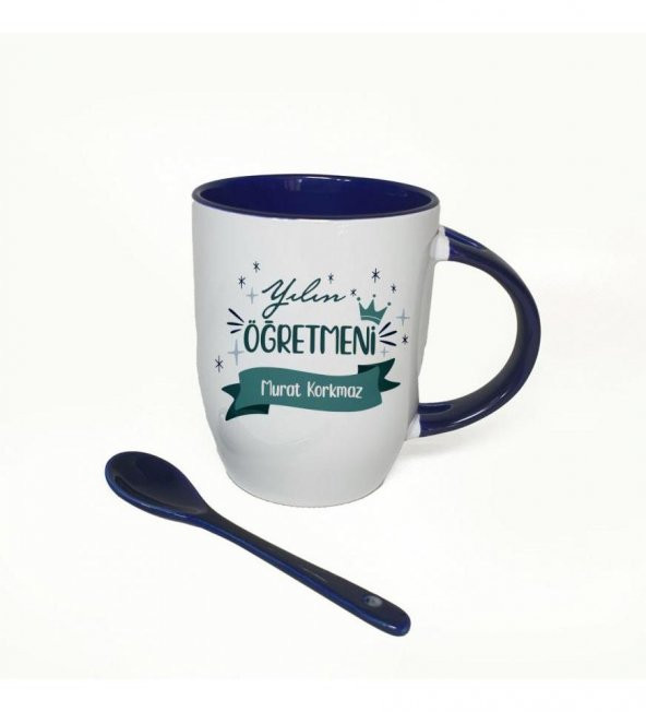 Kişiye Özel Öğretmenler Günü Baskılı İçi ve Kulbu Mavi, Kaşıklı Porselen Kupa Bardak HK2329 - 3