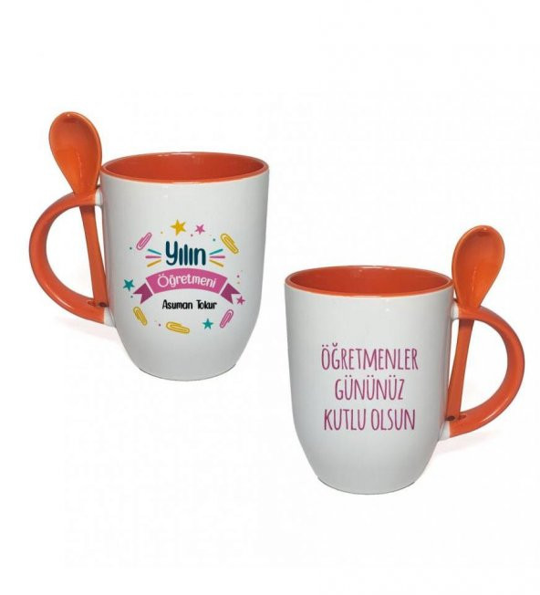 Kişiye Özel Öğretmenler Günü Baskılı İçi ve Kulbu Turuncu, Kaşıklı Porselen Kupa Bardak HK2324 ürün görseli