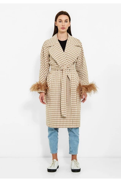 Modatalika Kadın Pötikareli Tüy Detaylı Kaban - 2