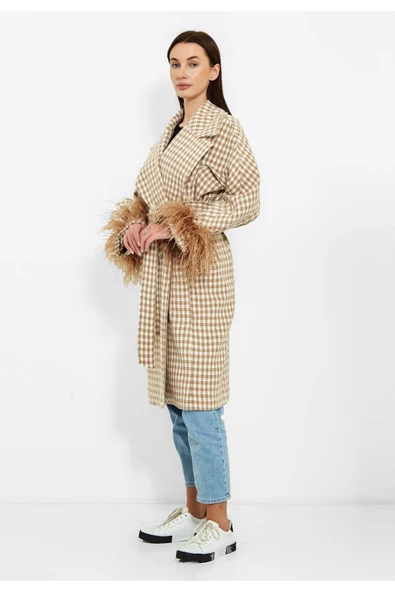 Modatalika Kadın Pötikareli Tüy Detaylı Kaban - 3