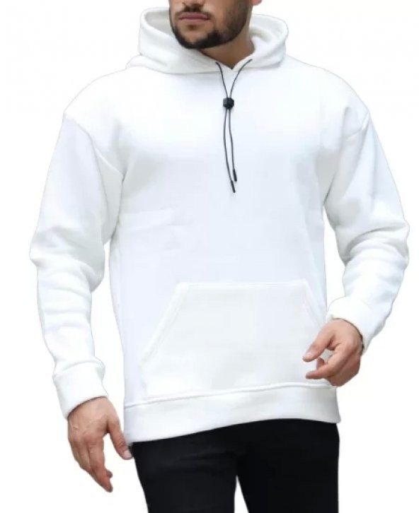 Unisex Beyaz 3 İplik Kapüşonlu Oversize Sweatshirt